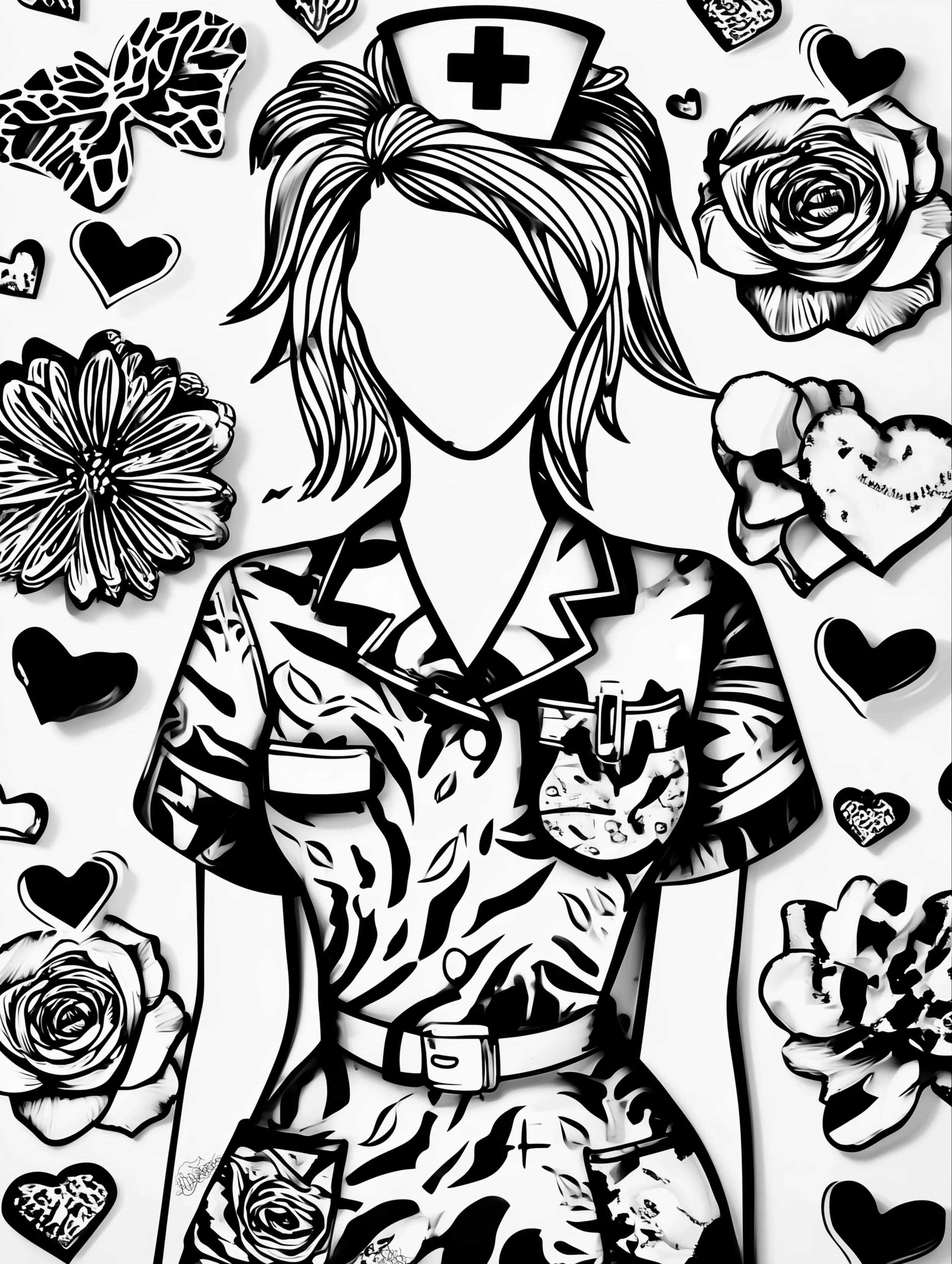 Free printable nursing coloring page for adults featuring a faceless nurse alone